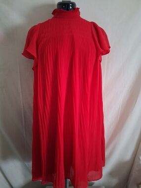 High-Neck Red Pleated Midi Dress